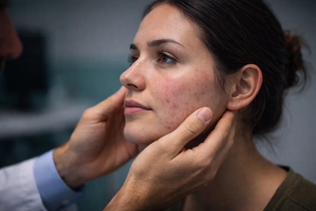 Medico esamina pelle del viso di una donna spazio salute lamezia terme